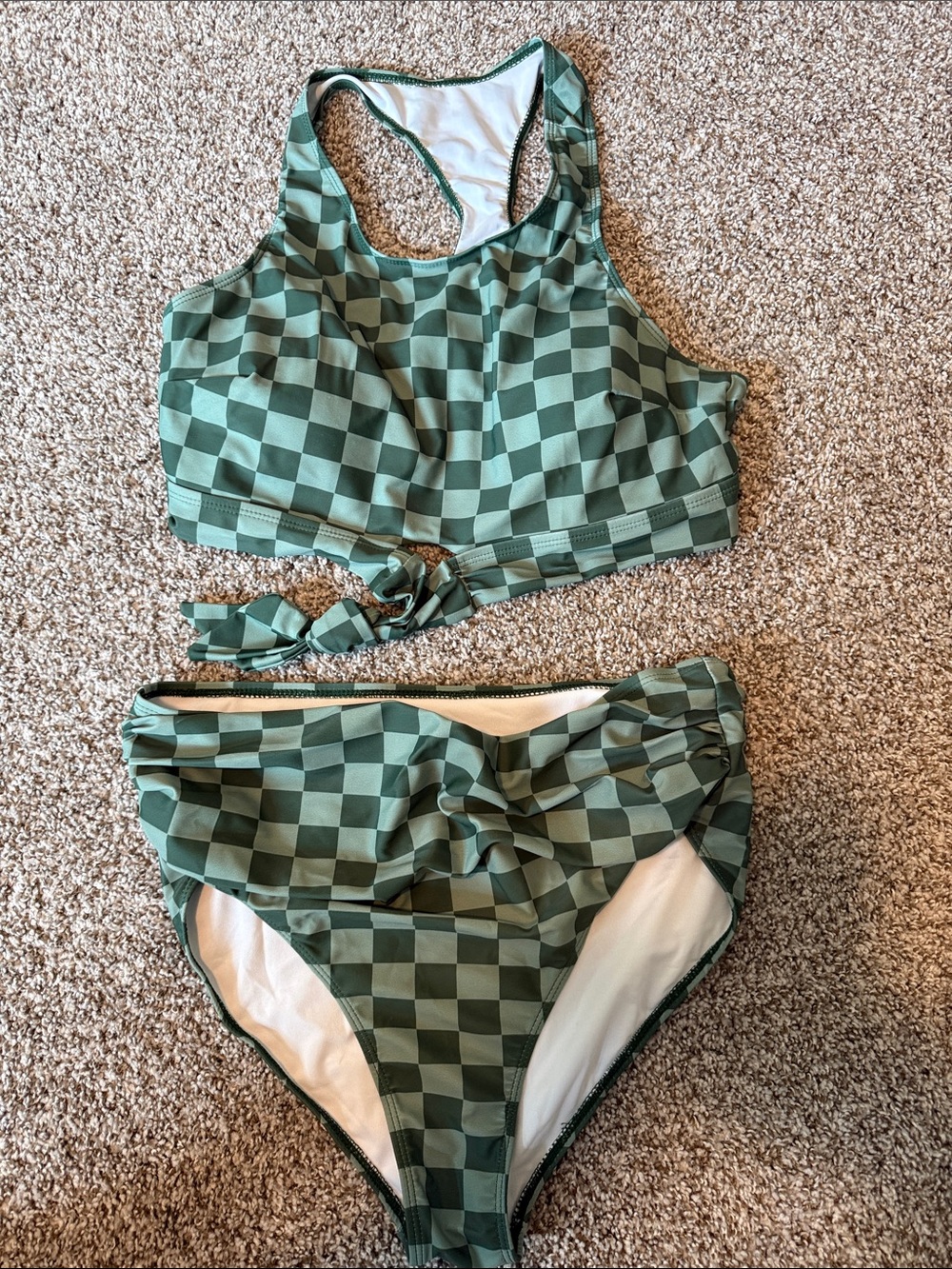 SHEIN Green Checkerboard High-Waist Bikini Set